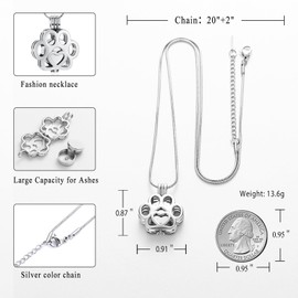 Pet Cremation Jewellery for Ashes for Dog/Cat Paw Stainless Steel Memorial Locket Urn Necklace Inside Mini Case Keepsake Cremation Jewellery Women Men, Stainless Steel, No Gemstone