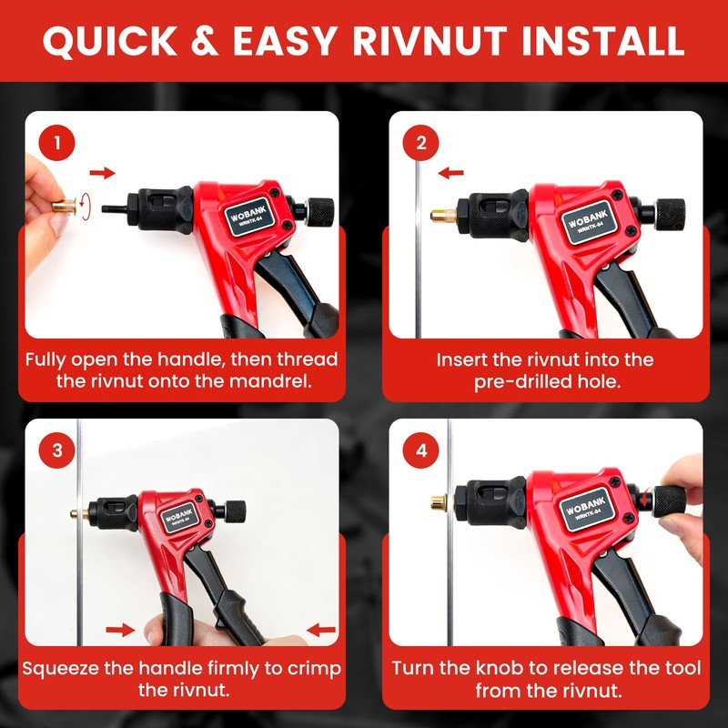 WOBANK Rivet Nut Tool Kit, 8" One Handed Rivnut Tool