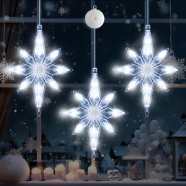 LYUBASA 3Pcs Christmas Window Lights Decorations with Timer,Battery Powered Christmas Window Hanging White Lighted Lucky Star Shaped LED Sucker Lamp for Xmas Tree Fireplace Window Indoor Outdoor Decor