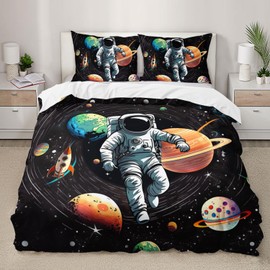 AILONEN 3D Astronaut Print Duvet Cover Set King Size, Outer Space Themed Bedding Set,Cartoon Rocket Planet Comforter Cover Set 3 Pieces, 1 Quilt Cover and 2 Pillowcases(No Comforter)