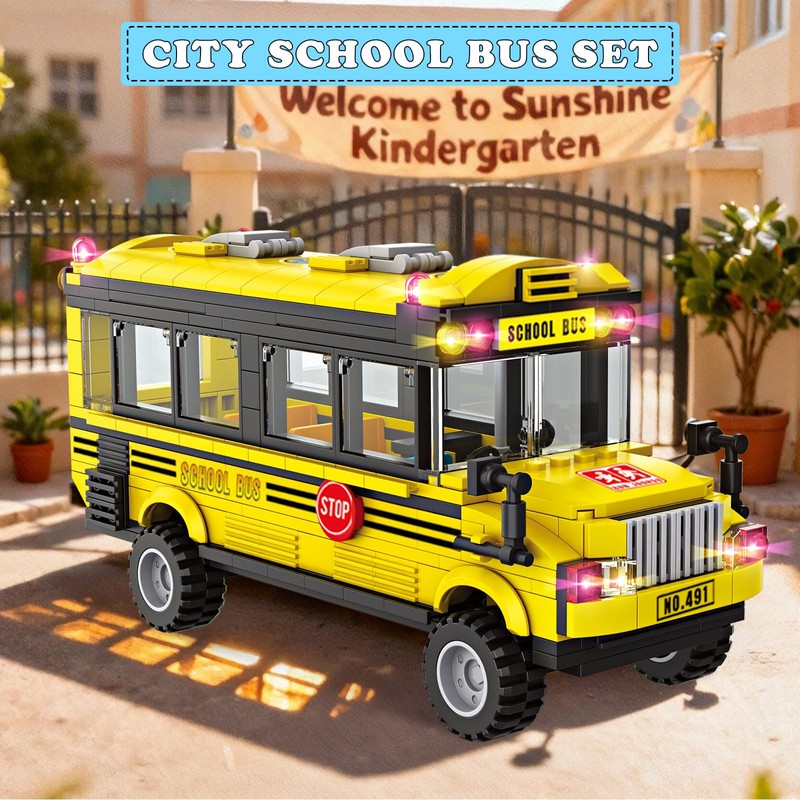 WEMEWEME School Bus Building Blocks Set 488PCS Creative Vehicle Model