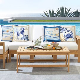 Bonhause Set of 4 Beach Cushion Covers, 45 x 45 cm, Seahorse, Crab, Starfish, Ocean, Velvet, Soft, Decorative Cushion Covers for Sofa, Bedroom, Living Room, Home Decoration