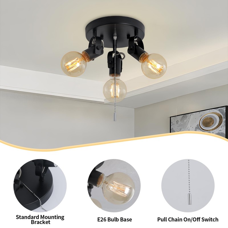SEEBLEN 3 Light Flush Mount Ceiling Light with Pull Chain,