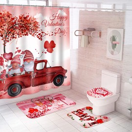 4 Pieces Happy Valentine's Day Shower Curtain Set with Non Slip Rugs Toilet Lid Cover Bath Mat U Shaped Mat Bathroom Gnomes Curtain with 12 Hooks Red Truck Waterproof Shower Curtain Valentines Decor