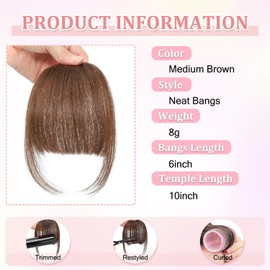 Clip In Fringe 100% Real Human Hair Bangs Hair Clip Thin Bangs On Hairpiece On Air Bangs With Temple Wispy Bangs Hair Extensions for women (Medium brown, Clip in Neat Bangs)