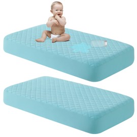 NTBAY 2 Pack Waterproof Mini Crib Mattress Protector, Quilted 24"x38" Fitted Mattress Cover - Machine Washable - Soft and Breathable Baby Mattress Pad Sheet for Mini Crib and Baby Playards, Aqua