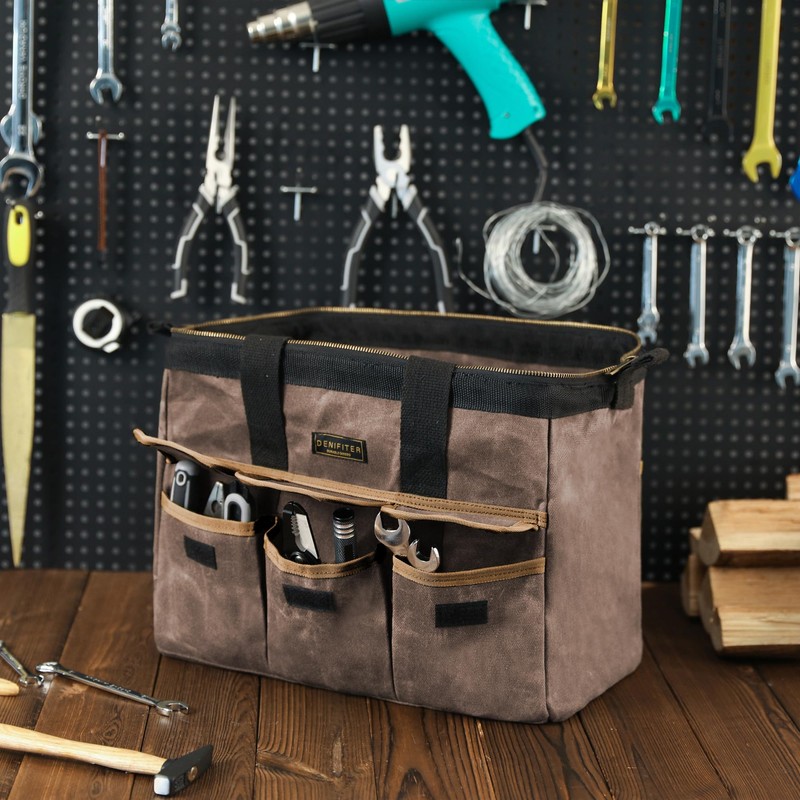 Tool Bag, Durable 16oz Waxed Canvas Wide Mouth Water-Resistant Electrician