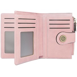YERUUE Women's Small PU Leather Purse, RFID Blocking Small Purse, Women's Bifold Compact Purse with 20 Card Slots and 1 Zip Coin Compartment, pink, Retro