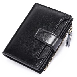 SENDEFN Women's RFID Blocking Leather Small Compact Bi-fold Zipper Pocket Wallet Card Case Purse with ID Window