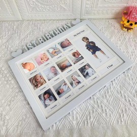 UUE 26 x 33 cm Baby Picture Frame My First Year, Picture Gallery, Picture Frame for Children's Pictures, Photo Gallery with 12 Photo Cut-Outs for Photos 4 x 4 cm and 1 Photo 8 x 12.5 cm, White Photo