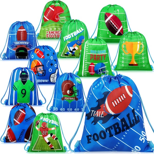 12 Pieces Football Party Favor Sports Drawstring Present Bags Travel Football Goodie Bags 12 Styles Backpack Football Candy Bags Gym Drawstring Bags for Party Gym Workout Supplies