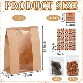 Ctosree 50 Sets Christmas Bread Bags for Homemade Bread Large Sourdough Bakery Storage Bags with Window Label Seal Stickers Dried Orange Slices Rosemary Branches for Packaging, 13.7 x 8.3 x 3.5 Inch