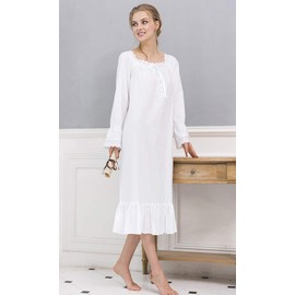 Womens Nightdress 100% Cotton Nightwear Sleepwear Victorian Vintage Nightgown Pajamas Sleep Shirt (White-long, L)
