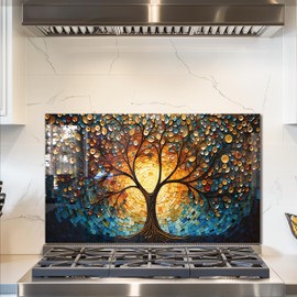 fzxwyishu Tree of Life,Tempered Glass Backsplash For Kitchen Behind Stove,Easy to Clean Kitchen Sink Cover Splash Guard, Home Kitchen Décor (blue, 30"x18"(76.2x45.72cm))