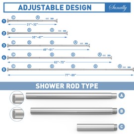 SUNALLY Shower Curtain Rod, Adjustable 32-89 Inch Spring Tension Shower Rods Stainless Steel Telescoping Curtain Rod for Bathroom, No Drilling, No Slip, No Rust, Chrome