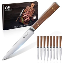 Purple Dragon Steak Knives Set of 8 - Smooth Edge Non-Serrated Blade with Square Wooden Handle – Elegant, Balanced, High Carbon German Steel, Ideal for Dining or Gifts