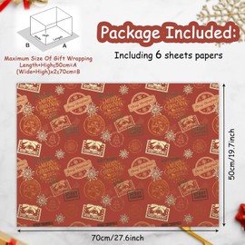 Christmas Kraft Wrapping Paper,6 Sheets Vintage Xmas Folded Wrapping Paper 20x28 inch Premium Recyclable Gift Wrap for Female,Women,Men,Girl,Boy,Adult,Any Occasion