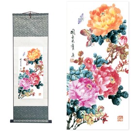 Chinese Brush Painting, Chinese Landscape Ink Painting, Chinese Flower and Bird Ink Painting, Asian Tapestry, Silk Scroll Painting, Decor Chinese Wall Hanging Painting 39*12"/100*30cm (Peony A)