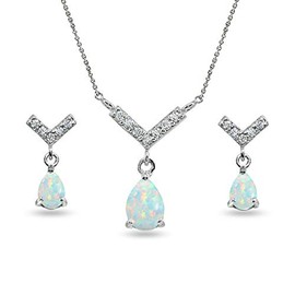 B. BRILLIANT Sterling Silver Synthetic White Opal Teardrop V Design Arrow Necklace & Dangle Earrings Set