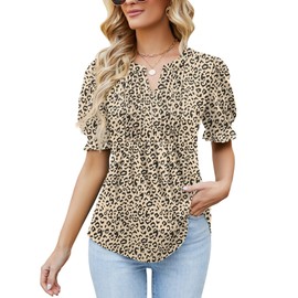 Ivicoer Leopard Print Tops for Women Dressy Casual Summer Boho Bohemian Clothes Puff Sleeve Tunic Tops Loose Fit M