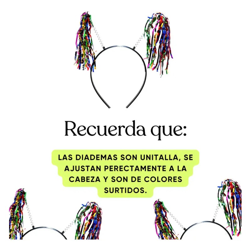 12 Diadema Papel Metalico Lluvia Colitas Fiesta Batucada Color Surtidos