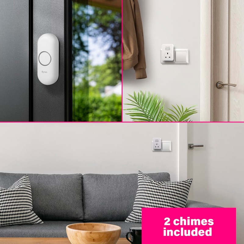 Byron Wireless Doorbell Set, 2 x Plug-Through Chimes, 150m Range,