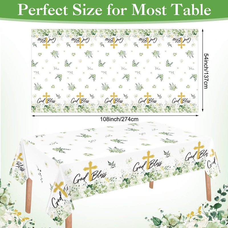 Ganeen 3 Pcs Green God Bless Baptism Tablecloth Disposable Plastic