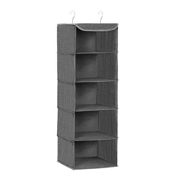 SONGMICS Hanging Wardrobe Storage Organiser, Shelves, Clothes Organiser, Space-Saving and Foldable, Metal Hooks and Bamboo Inserts, Linen Pattern, Grey RYCH06G