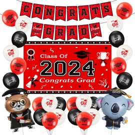 Graduation Decorations Class of 2024 Red Themed - 2024 Graduation Foil Balloons Congrats Grad Banner Graduation Backdrop Kindergarten High School Graduation Congrats Grad Party Decorations Supplies