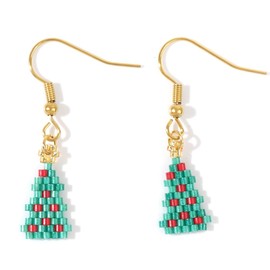 SHINUS BOHO Fun Christmas Tree Beaded Earrings for Women Glass Beads Green Gold Ear Hooks and Long Tassel Dangle Drop Custom Prom Party Jewelry Accessories Gifts