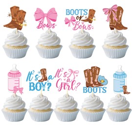 Boots or Bows Gender Reveal Decorations - Inisajace 36PCS Boots or Bows Cupcake Toppers Decoration Western Cowboy or Cowgirl Cupcake Picks Baby Shower Decor Supplies