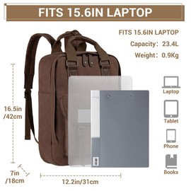 VASCHY Backpack for Men Women, Vintage Canvas Leather 15.6in Laptop Backpack Adult Rucksack for Work Travel Brown