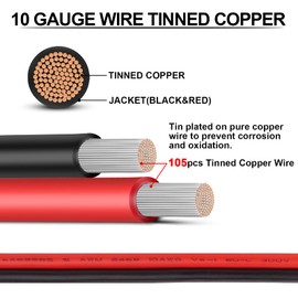 10 Gauge Wire - iGreely 3 FT 10/2 Gauge Tinned Copper Low Voltage Wire Electrical Wire Cable for Solar Panel Car Audio Automotive Trailer Marine Harness Wiring 10AWG 3Ft