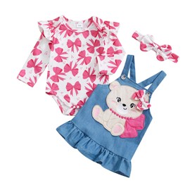 Gaono Newborn Baby Girl 3Pcs Denim Clothes Jean Overall Dress Outfit Ruffle Sleeve Romper Suspender Skirt With Headband (A-Pink, 0-3 Months)