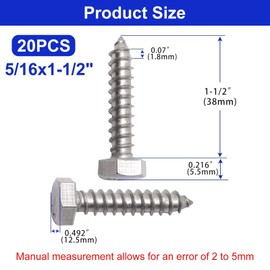 BENLIUDH 5/16" X 1-1/2" Hex Lag Screws, 304 Stainless Steel Lag Screws Bolts for Wood (20pcs)