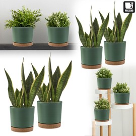 PECZEKO Matte Flower Pot, Plastic Planter, Decorative Pot for Large and Small Plants, Set of 2 Flower Pot, Herb Pot (2 Pack) Green, Diameter 13 cm