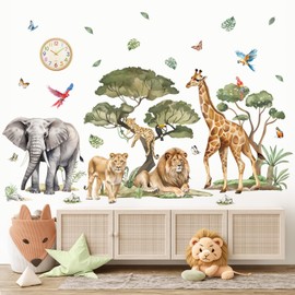 wondever Large Jungle Safari Animals Tree Wall Stickers Elephant Lion Giraffe Leopard Peel and Stick Wall Art Decals for Baby Nursery Kids Bedroom Living Room