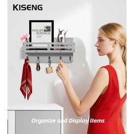 KISENG Key Holder Wall Mount Farmhouse Key Hooks for Wall with Mail Organizer Decorative Key Rack with 5 Sturdy Hooks for Dog Leash, Sunglasses, Rustic, Paulownia Key Hanger for Entryway