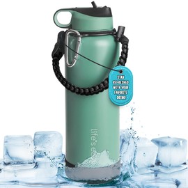 Life's Easy Stainless Steel Insulated Water Bottle - Sports Water Bottle w/Straw Lid and Paracord Carabiner Handle Carrier- Vacuum Flask for Hot & Cold Drinks - Great for Travel & More (Green, 40 oz)