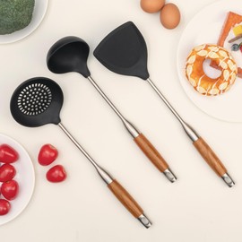 FJNATINH Silicone Wok Spatula,Ladle,Skimmer Ladle Tool Set,Stainless Steel Non Stick Heat-Resistant Cooking Utensils BPA Free Kitchen Utensils Cookware Wooden Handle,3 Pieces