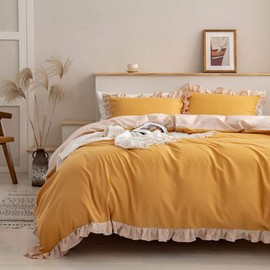 Loussiesd Ruffle Bedding Set, Super Soft Luxury Yellow Washed Microfiber 2pcs Comforter Cover Set, Shabby Chic Farmhouse Duvet Cover and Pillow Shams, Zipper Closure & Corner Ties, Easy Care Single