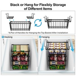 iSPECLE Freezer Organizer Bins - 4 Pack Medium Stackable & Hanging Deep Freezer Organizer Bins for 5 Cu.Ft Chest Freezer Easily Gets Bottom Food, Adds Space to Store More Food, Black
