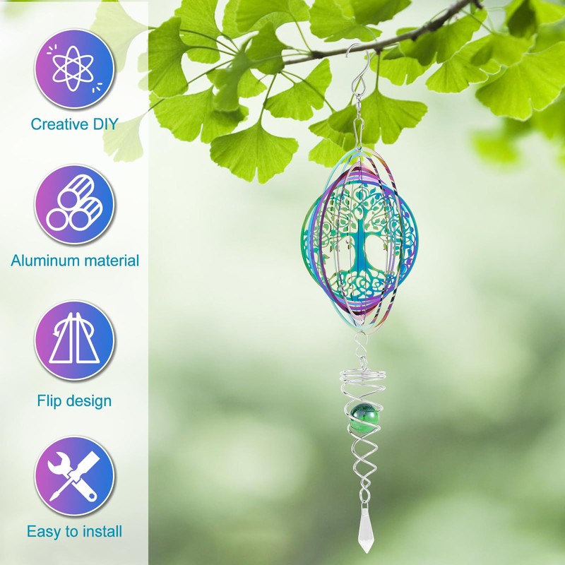 Stainless Steel Hanging Wind Spinner, 3D Rotating Wind Chimes, Tree