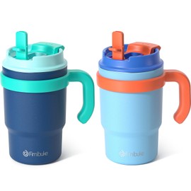 Fimibuke 16oz Kids Insulated Tumbler with Handle & Straws - 2 Pack BPA FREE 18/8 Stainless Steel Toddler Cups with Sip/Swig 2-in-1 Lids, Leak Proof Kid Drinking Cup Travel Mugs for Children Boys Girls