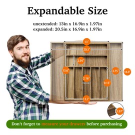 Kiasthome Acacia Wood Kitchen Silverware Drawer Organizer, Expandable Utensil Cutlery Drawer Organizer with Dividers, Flatware Organizer Silverware Tray for Spoon, Fork, 13''-20''x16.9'' (7-9 Slots)