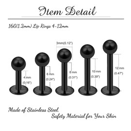 Besyvvin 10pcs Lip Bars Labret Studs 4/6/8/10/12mm Stainless Steel Black Monroe Medusa Helix Tragus Piercing