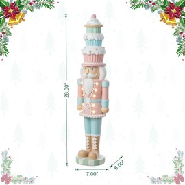 Glitzhome Lighted Christmas Porch Decor, Macaron Pink and Blue Resin Christmas Cupcake Nutcracker Front Porch Sign Decorations w/Timer for Indoor Outdoor Patio Standing Decor, 28" H