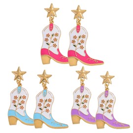 3 Pairs Cowgirl Boot Dangle Earrings Set for Women, Enamel Cowboy Boot Rhinestone Cow Print Western Drop Earrings, Country Concert Party Fashion Jewelry Gift