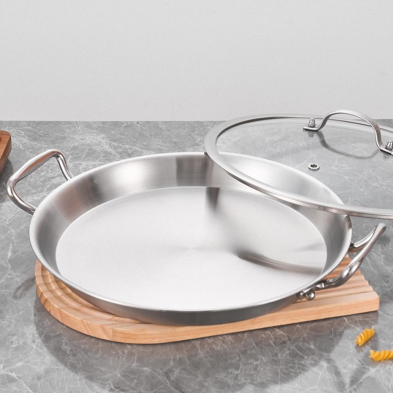 LOLYKITCH 13 Inch Tri-ply Stainless Steel Paella Pan with Lid,Griddle,Large