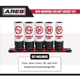 ARES 59000-5-Piece 1/2-Inch Drive Non-Marring Impact Lug Nut Socket Set - Protective Sleeves and Inserts Prevent Damage to Wheels and Lugs - Storage Rail Included